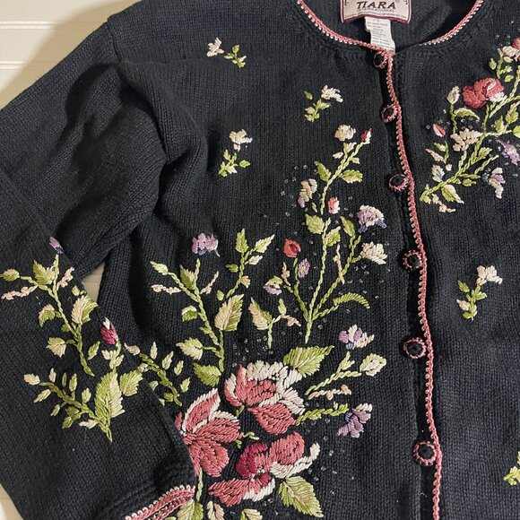 Vintage Tiara International Embroidered Cardigan Womens S Floral Black Cottage - Picture 4 of 12
